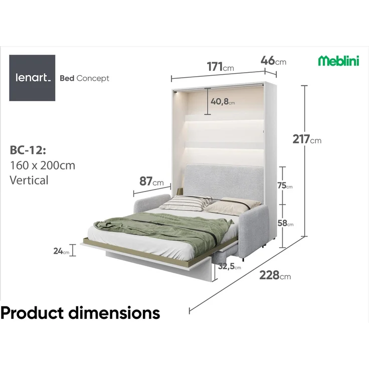 MEBLINI Schrankbett BC-12 - 160x200cm Vertikal - Weiß Matt/Grau - mit Sofa - Wandbett mit Lattenrost - Klappbett mit Schrank - Wandklappbett - Murphy Bed – Bild 7
