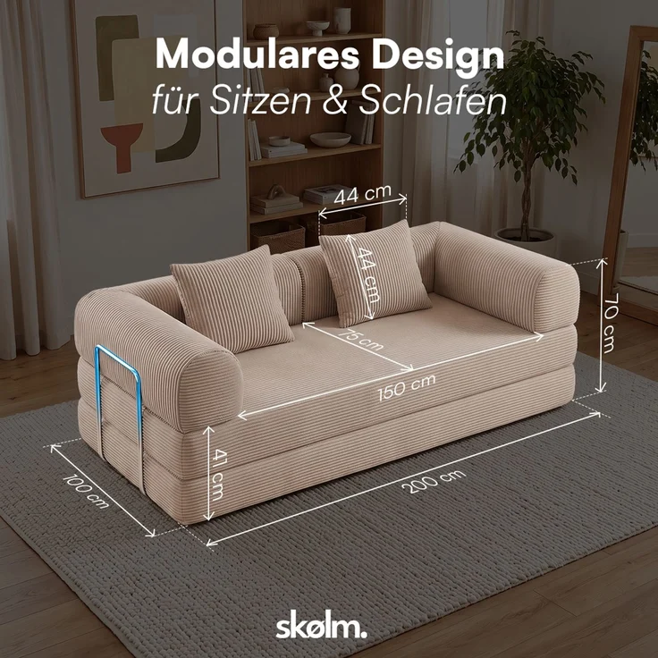 skølm 'Lofn' Modulares Sofa 2 Sitzer, 200x100 cm, Vollschaumcouch mit Metallgestell, Cord taupe, Schlafsofa vakuumverpackt, kein Aufbau erforderlich – Bild 9