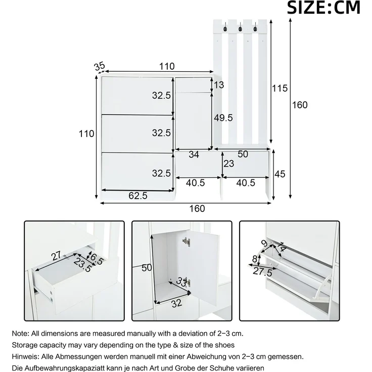 Garderobenschrank 160x35x160 cm mit Sitzbank, 3 Klappfächern und Hakenleiste, Weiß – Bild 5