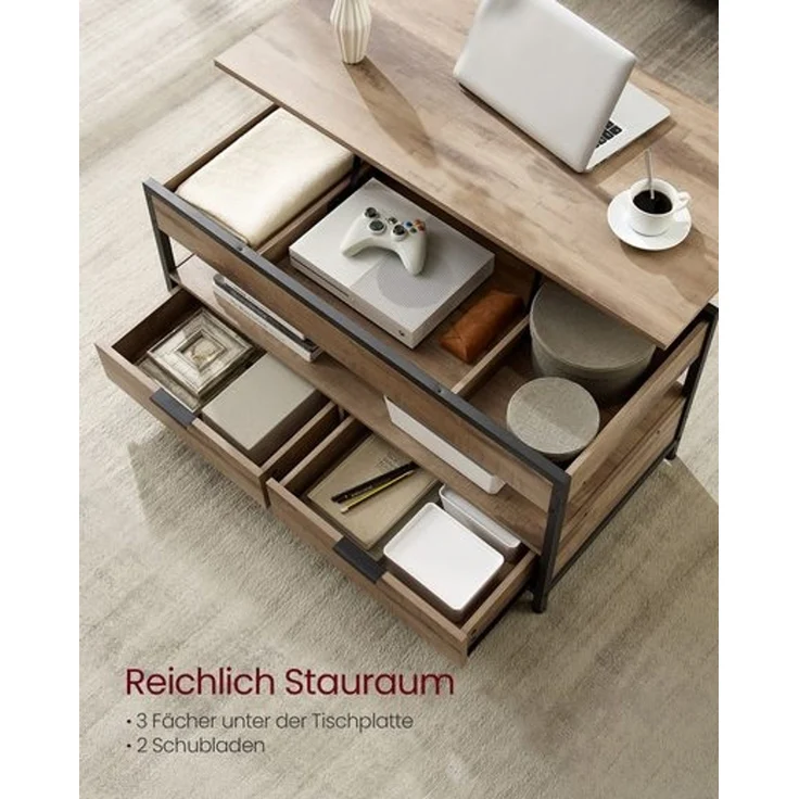 Vasagle Couchtisch, höhenverstellbarer Wohnzimmertisch, Kaffeetisch, mit Schubladen, offenes Fach,50x100 x (48-63)cm， kamelbraun-schwarz – Bild 4