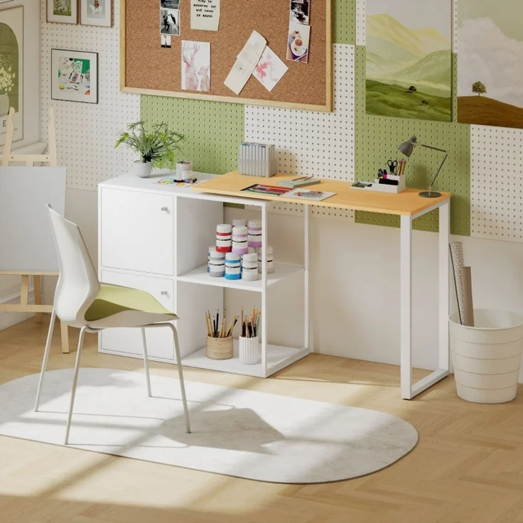 Schreibtisch drehbar, 105 x 85 x 75 / 150 x 40 x 75 / 100 x 40 x 75 cm, Weiß mit Naturholzoptik und Stauraum – Bild 2
