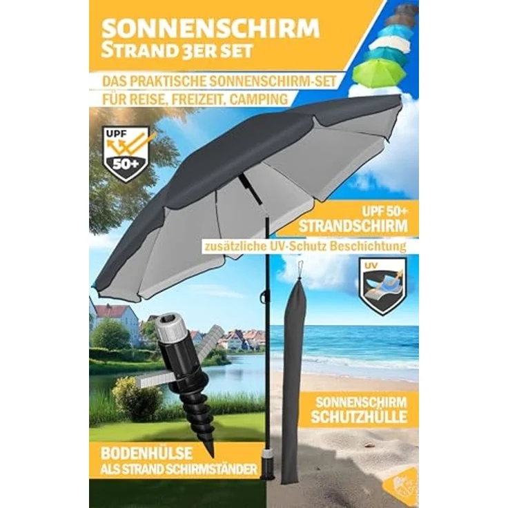 Menz Sonnenschirm Strand in Anthrazit - Komplettes 3er-Set inkl. robustem Sonnenschirm + solider Bodenhülse + langlebiger Schutzhülle, Strandschirm windfest stabil, Strandschirm mit UV50+ Schutz – Bild 2
