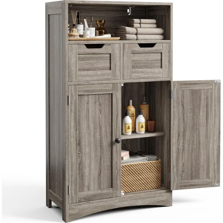 Bealife Badezimmerschrank mit 2 Schubladen, verstellbares Regal, multifunktional, für Badezimmer, Schlafzimmer, Flur (60 x 30 x 108 cm) (grau)