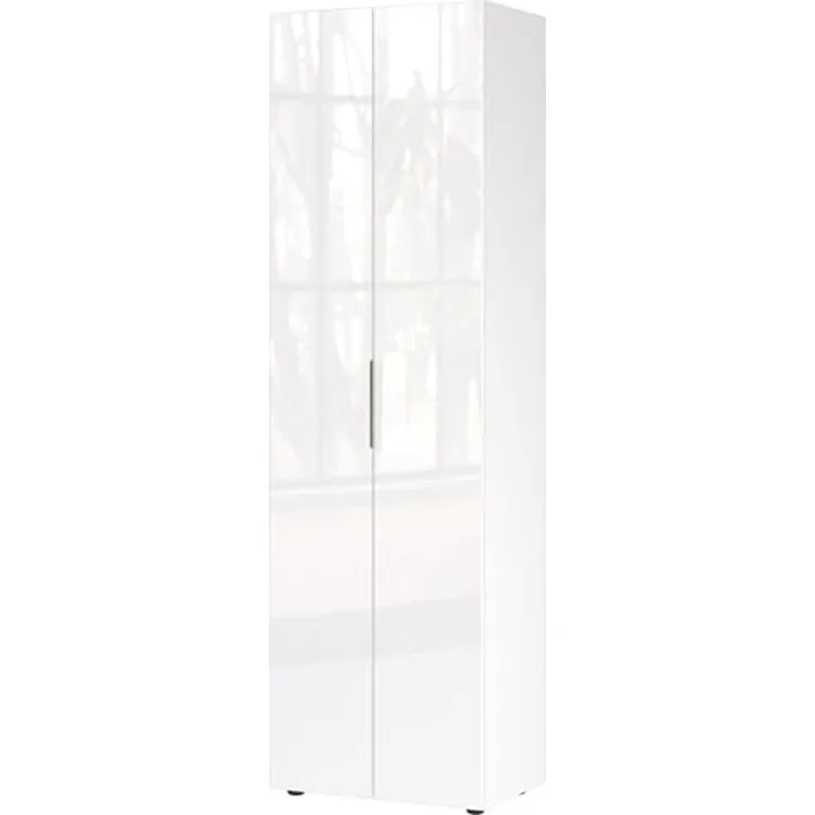 Garderobenschrank >GW-GENOVA< 5 Böden, Kleiderstange, Glas / Weiß - 59x197x40cm (BxHxT)