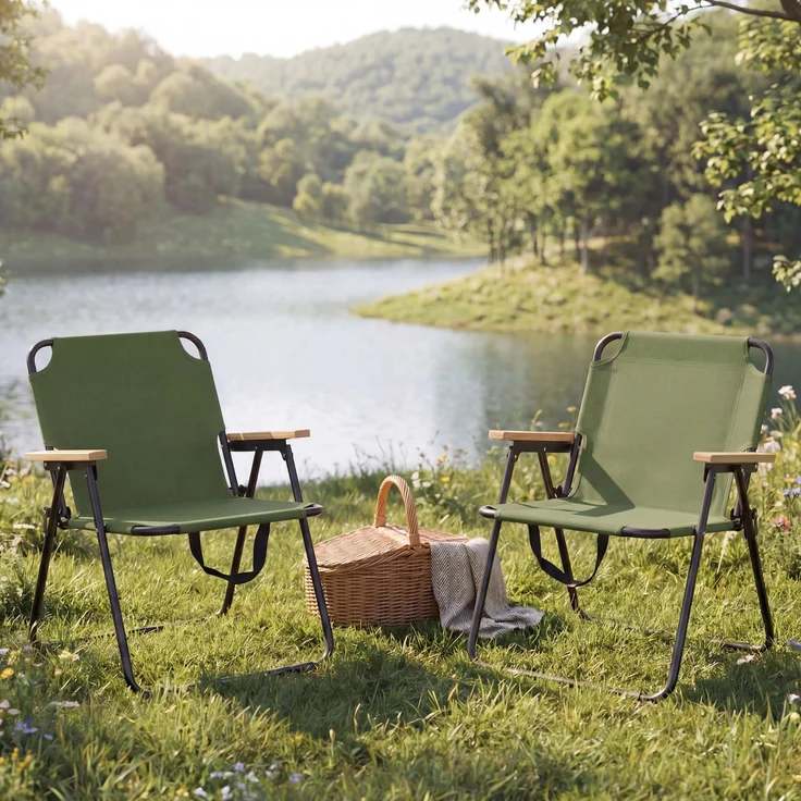2er-Set Campingstuhl HWC-Q43, Gartenstuhl Balkonstuhl Freizeitstuhl, klappbar Bambus Metall Stoff/Textil ~ grün – Bild 1
