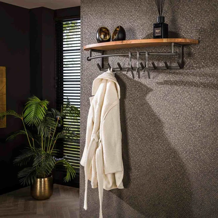 Garderobe Ovrund aus massivem Akazienholz, Industrial Design, natur, mit Hutablage und 8 Haken – Bild 1