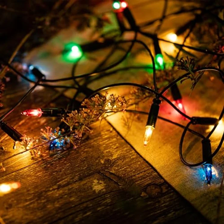 hellum Lichterkette innen mit 50 LED, mini Lichterkette bunte Lichter beleuchtete 7,35m, bunt strombetrieben mit grünem Kabel, – Bild 9
