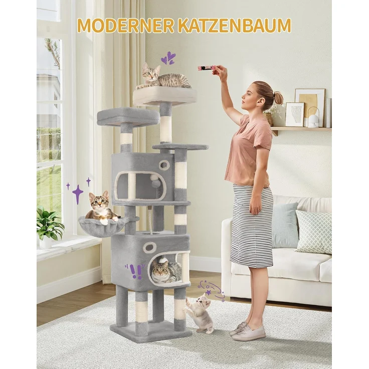 Kratzbaum, 159 cm Katzenbaum mit 8 Kratzsäulen, 3 Plattformen, 2 Höhlen, Korb, Plüschbälle, Sisalseil, Geeignet für Katzen Verschiedener Größen, Hellgrau – Bild 2