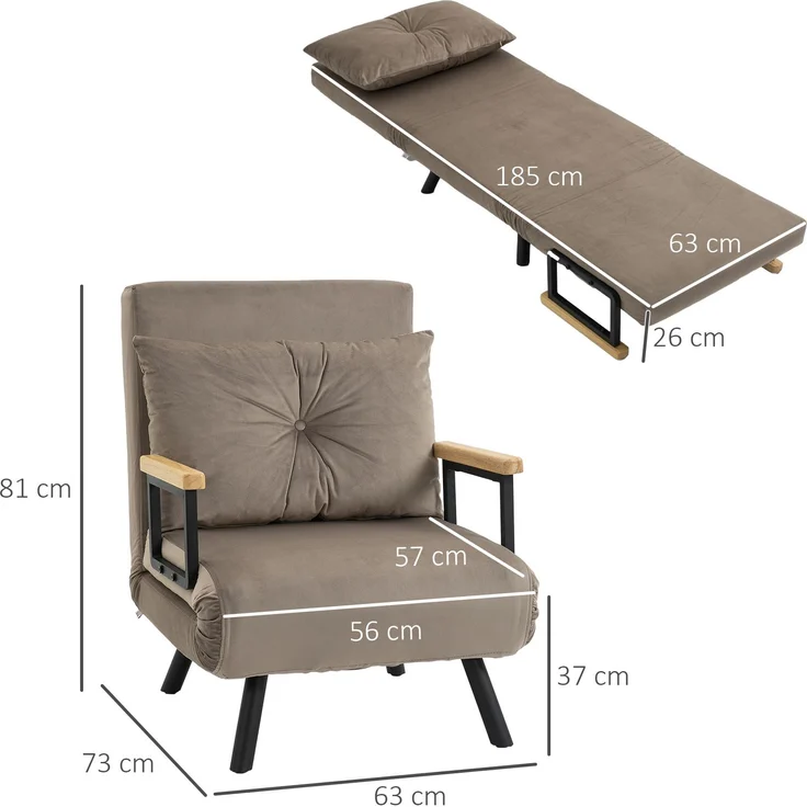 HOMCOM Relaxsessel mit Bettfunktion, Polstersofa mit verstellbarer Rückenlehne, Gästebett, Hellbraun, 63 x 73 x 81 cm – Bild 3