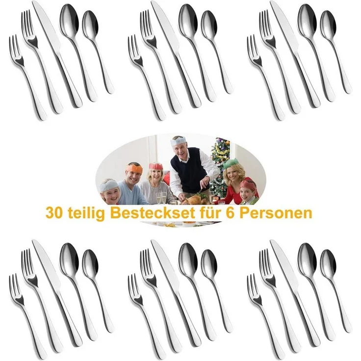 ibettertec Besteck-Set 30-teiliges Edelstahl Besteckset Spülmaschinenfest, 36 Personen, Modern Silber für 6 Personen – Bild 4