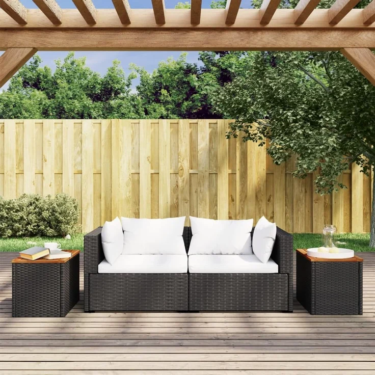 2 pcs Gartentische, Beistelltische Schwarz 55x34x37cm Poly Rattan Holz – Bild 3