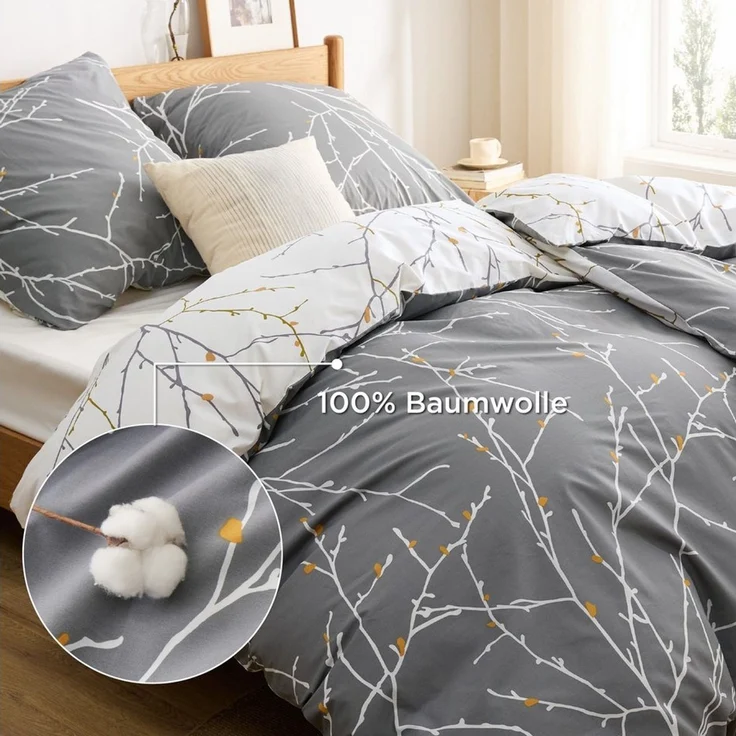 BEDSURE Wendebettwäsche mit Zweige-Design und Reißverschluss 100% Baumwolle, Baumwolle, 3 teilig, mit 8 stabilen Eckbändchen – Bild 3