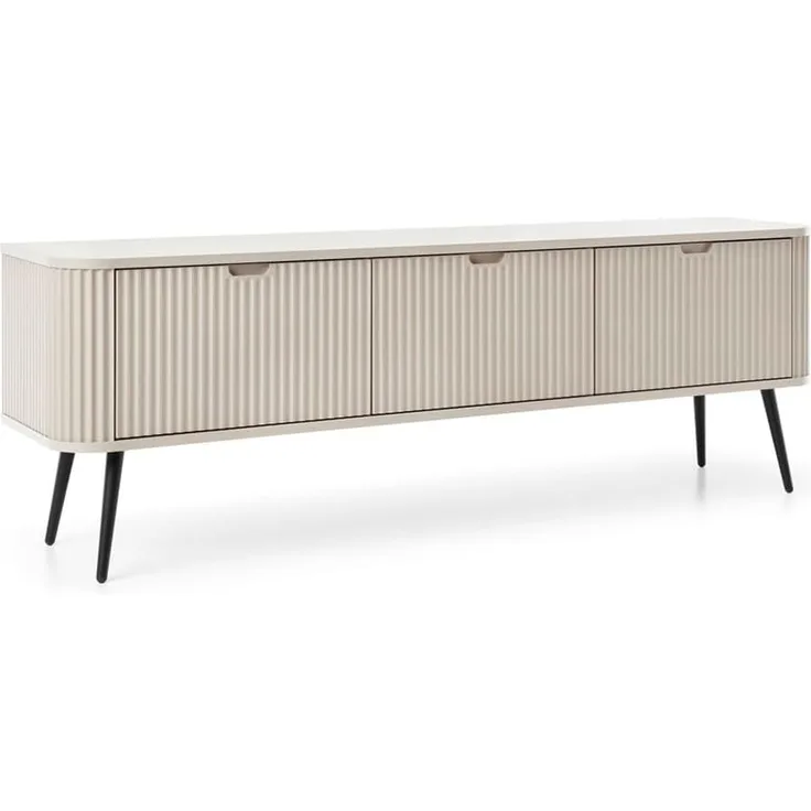Lomadox Lowboard ZARA-160, in Kaschmir beige mit Rillen gerillt Füße Metall schwarz 168x56x39 cm