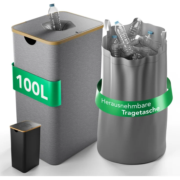 NewHabitat Pfandflaschen Sammelbehälter 70 × 40 × 33 cm – 100 L Recyclingbehälter mit Bambusdeckel & waschbarer Tragetasche für 30–40 Flaschen – Bild 7