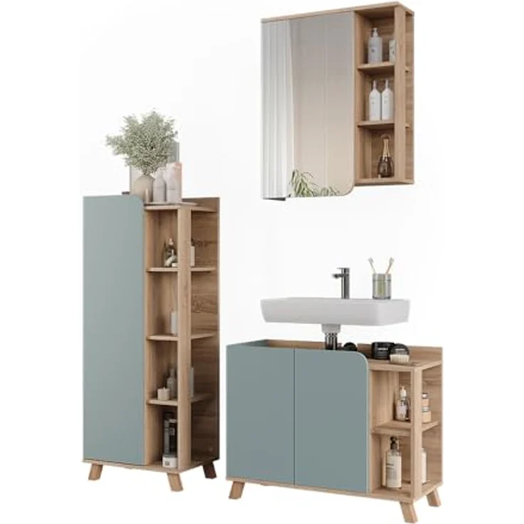 Vichy Badmöbel-Set Karen, 3-teilig mit Waschbeckenunterschrank und Spiegelschrank, Sonoma/Blau – Bild 6