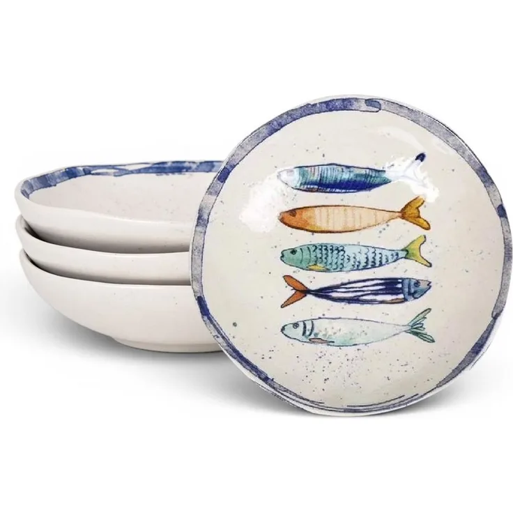 WestCraft Speiseteller Teller, mediterran mit Sardinen-Motiv, Maritime Suppenteller 21 cm, (4 St), 4er Set, hochwertig und robust - langlebig und vielseitig einsetzbar