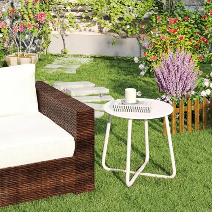 HollyHOME Beistelltisch Outdoor Balkontisch Klein Gartentisch Rund Beistelltisch Metall Wetterfest Loungetisch Outdoor Couchtisch für Patio Terrasse Wohnzimmer, Weiß – Bild 4