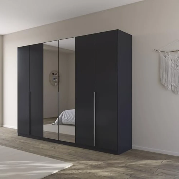 Rauch Möbel Alabama, Kleiderschrank für Schlafzimmer, Kinderzimmer, Wohnzimmer, Garderobe, Flur, 6-türig, Spiegel, mit Zubehör Basic, Farbe Grau metallic, Schwarz, Breite 271 cm – Bild 2
