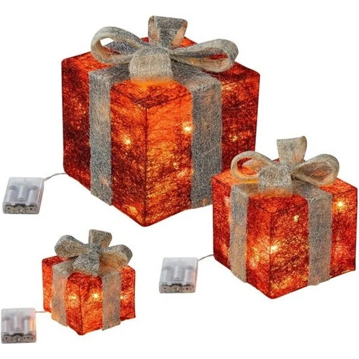 Spetebo LED Dekoobjekt LED Geschenkboxen mit Timer 3er Set - rot / grau, Timerfunktion, LED fest verbaut, warm weiß, Weihnachts Deko Boxen warm weiß beleuchtet – Bild 2