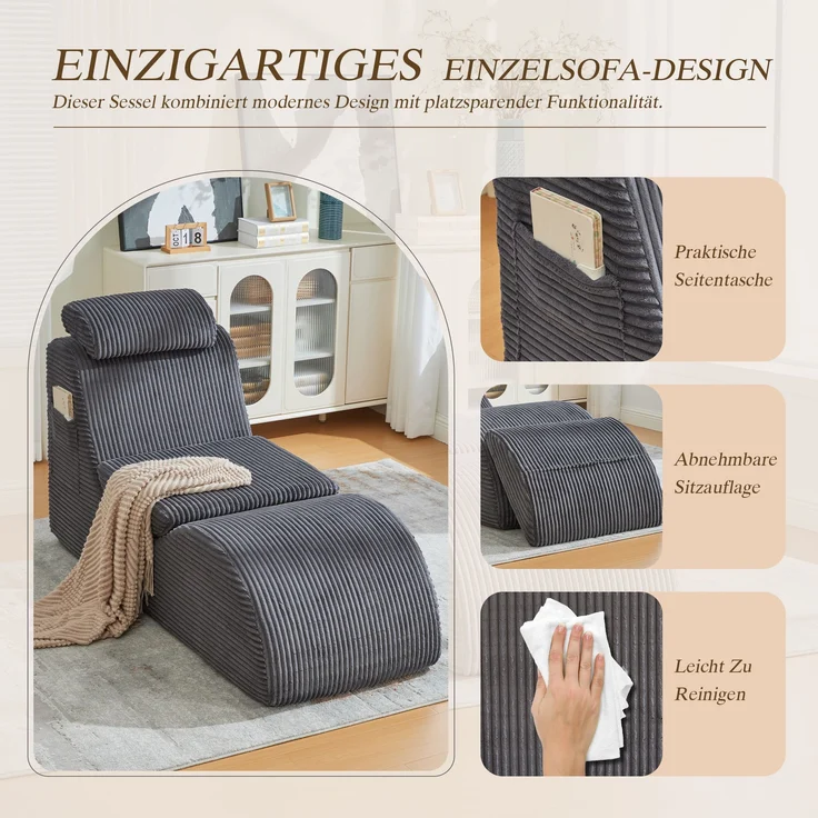 Freizeit-Sessel, Cord mit Seitentasche & ergonomischer Form, 160x66x90 cm, Dunkelgrau – Bild 7