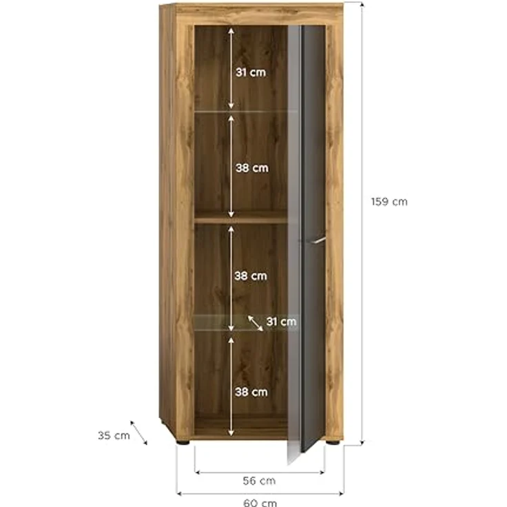 Xonox Vitrine, Grau, Holzwerkstoff, 60x159x35 cm, inklusive 3 Schubkästen und 4 Einlegeböden, FSC®-zertifiziert – Bild 3