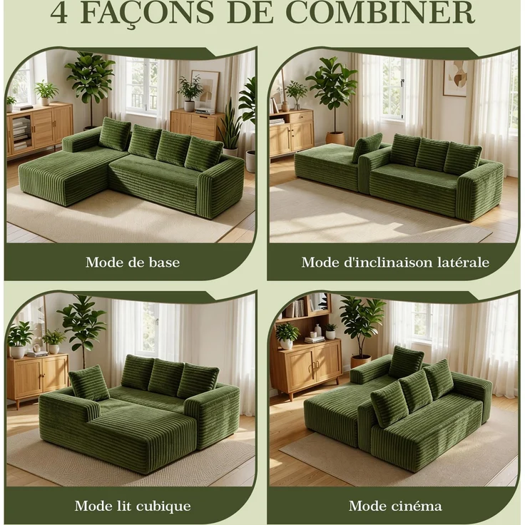 ZUBALIYA Sofa, modular kombinierbar, H 58 × T 168 × B 261 cm, Grün, Cord – Bild 10
