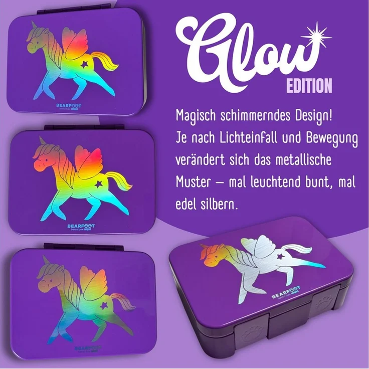 BEARFOOT Lunchbox Brotdose mit Fächern, leicht & auslaufsicher - Einhorn GLOW, PP, ABS, Silikon, Kindergarten und Schule - Mädchen und Jungen, Vesperbox, Snackbox