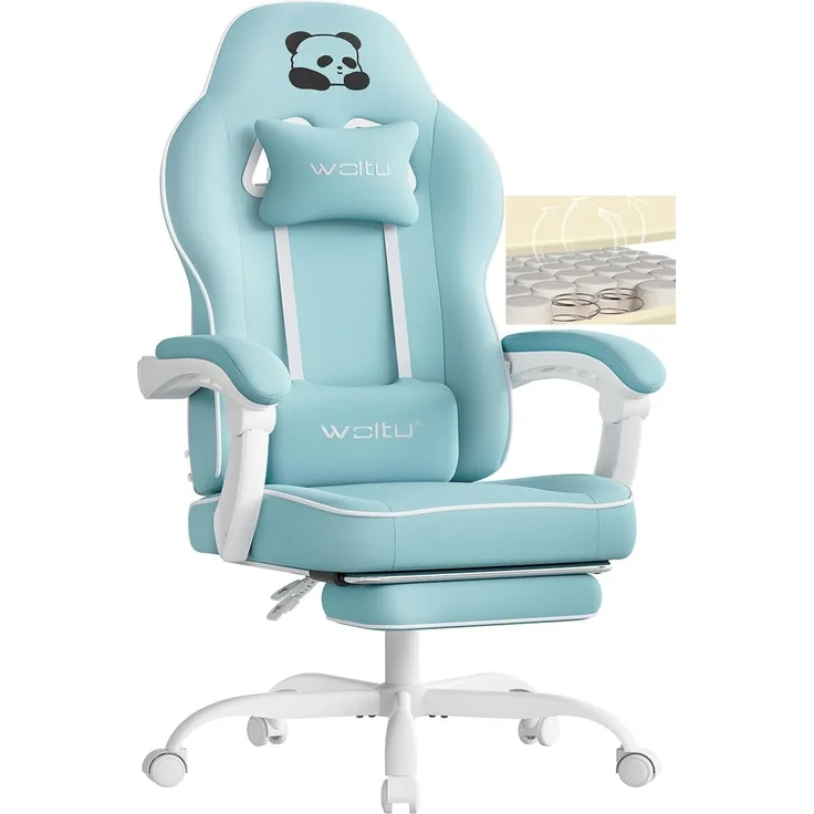 WOLTU Gaming Stuhl mit Taschenfederkissen, Gaming Sessel 150 kg Belastbarkeit, ergonomischer Drehstuhl, Gamer Stuhl mit Kopfkissen, Lendenkissen, Fußstütze, Netzstoff, Hellblau, GS16hbl