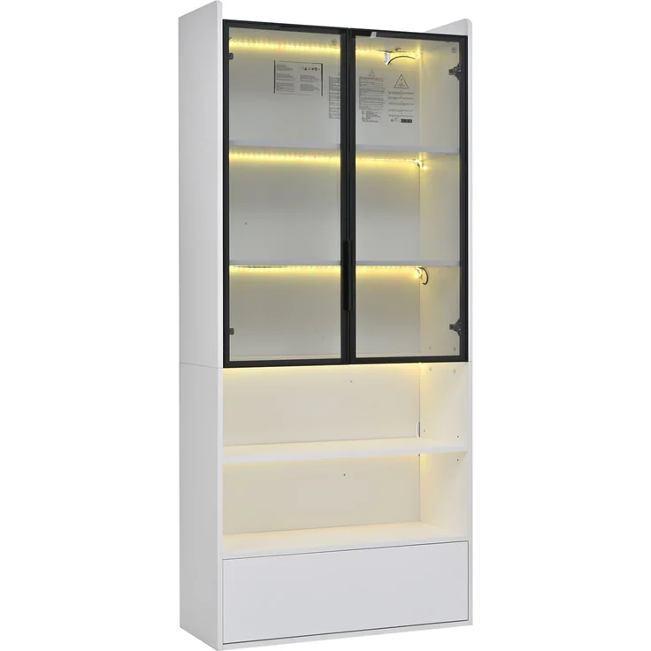 DESVIAE Vitrine mit LED-Beleuchtung und Schublade, MDF und Glas, Weiß, 80x180x34 cm – Bild 8