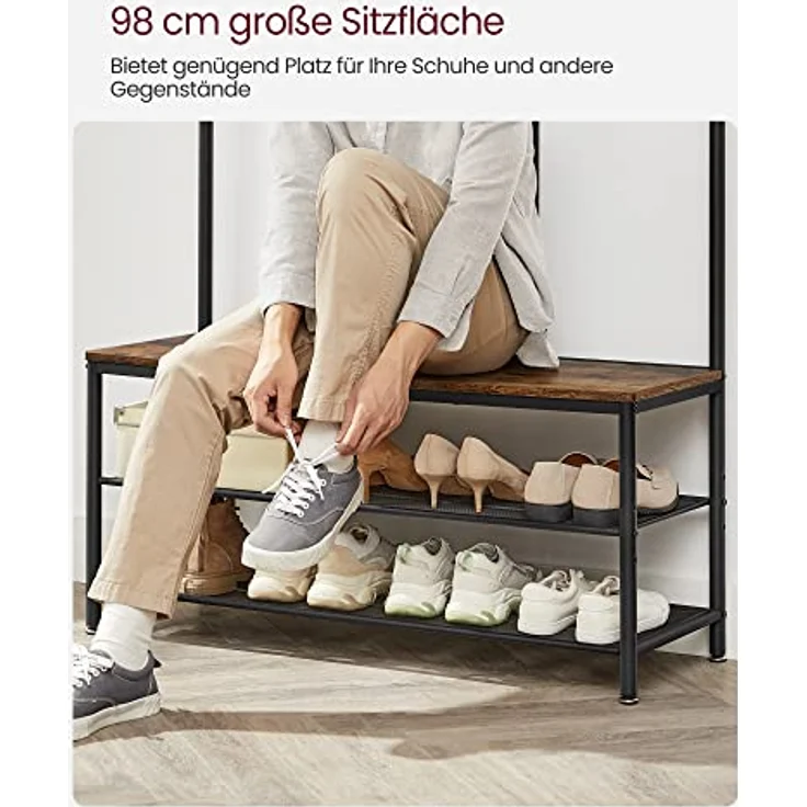 VASAGLE Kleiderständer, Garderobe, Garderobenständer mit Haken, Spiegel, Sitzbank, 35 x 98 x 180 cm, für Eingangsbereich, Schlafzimmer, Wohnzimmer, Industrie-Design, vintagebraun- schwarz HSR415B01 – Bild 5