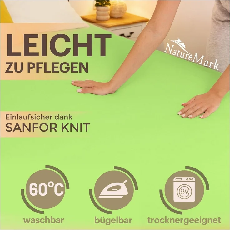 NatureMark Spannbettlaken Jersey Basic Spannbetttuch, 100% Baumwolle, Gummizug: rundum, (1 Stück), in vielen Größen und Farben, bis 40cm Steghöhe, 200x220cm, Apfelgrün – Bild 2