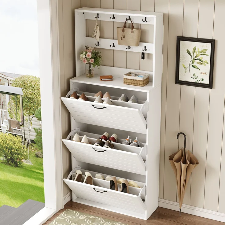 ZUBALIYA Schuhschrank (70 x 25 x 163 cm), 3 Türen, Lamellengestaltung, Aufbewahrung für Schuhe, Hausschuhe und Schuhzubehör, Weiß – Bild 3
