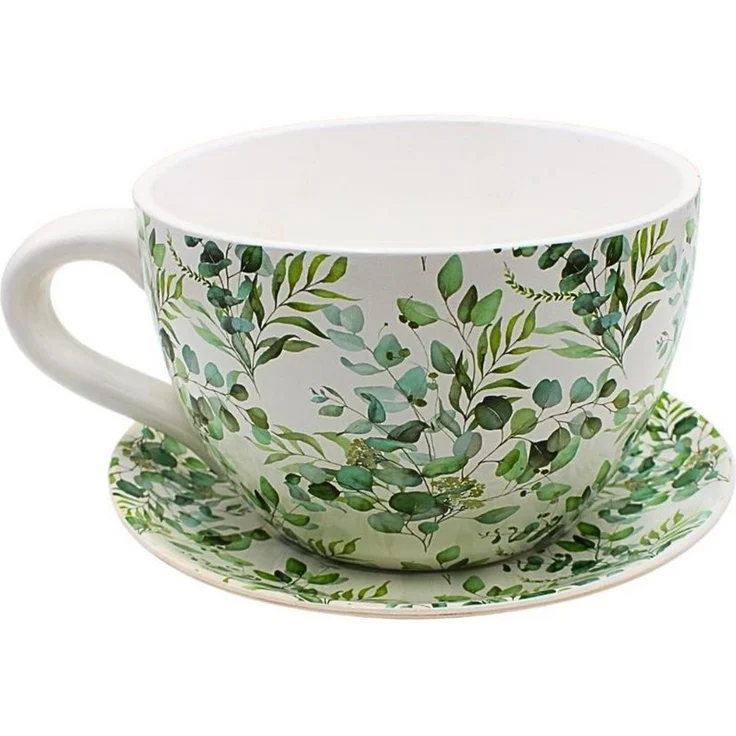Dekohelden24 Blumentopf, Pflanztasse, Pflanzkübel, Pflanzgefäß, Blumenkübel, Pflanztopf. Übertopf als Tasse mit Griff aus Keramik, Motiv: Ranke, L/B/H 25 x 23 x 14 cm. – Bild 1