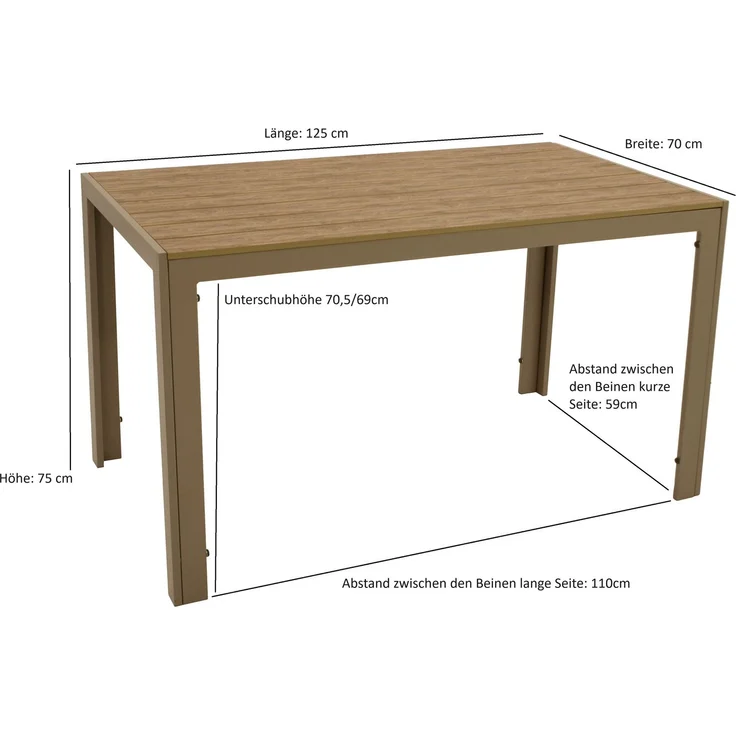 DEGAMO SORANO Gartentisch, Alu + Kunstholz, champagnerfarben/braun, 125x70cm – Bild 5