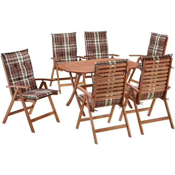 MERXX Garten-Essgruppe Borkum, TOPSELLER!, (13-tlg, 6x Sessel, inkl. Sitz- und Rückenkissen, 1x Klapptisch 135x85 cm), Eukalyptusholz, FSC Mix, geeignet für 6 Personen – Bild 4