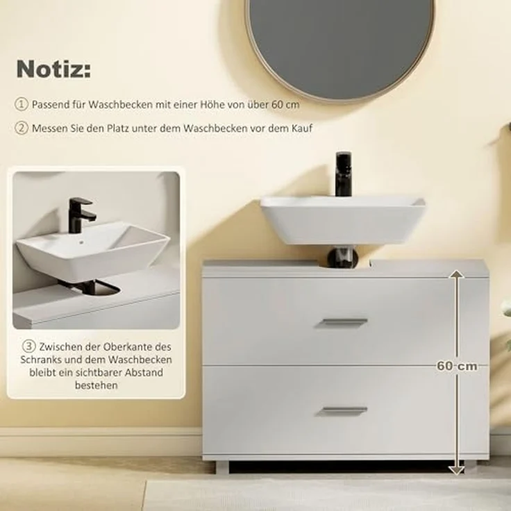 HOMCOM Waschbeckenunterschrank mit 2 Schubladen Badezimmerschrank geteilter oberer Schublade Waschtischunterschrank Badezimmer Unterschrank 80 x 30 x 60 cm Weiß – Bild 5