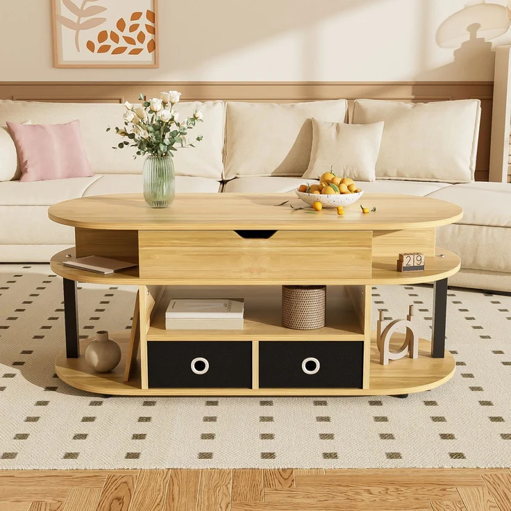 Couchtisch mit Hebefunktion Holzmaserung Schwarz Multifunktion Arbeitstisch & Stauraum – Bild 4