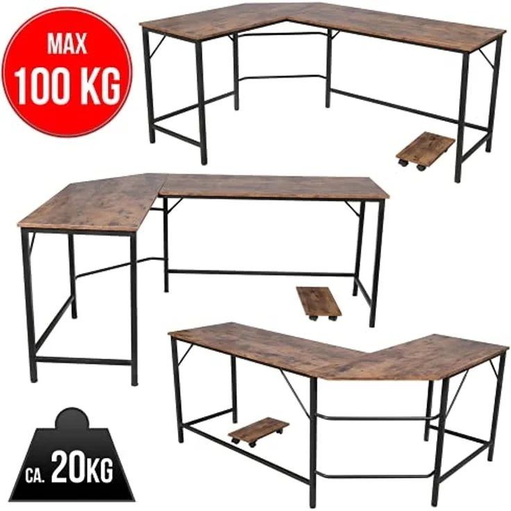 VENDOMNIA Eckschreibtisch Schreibtisch L Form - industrial Design, aus Metall (138x138 cm, mit mobiler Ablage, Schwarz Braun, Computertisch Bürotisch Arbeitstisch Home Office Büro Vintage Retro) – Bild 7