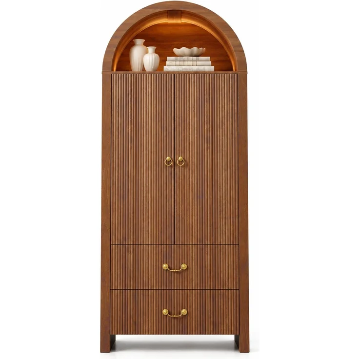 Hochschrank, B 76 x T 38 x H 180 cm, MDF und Spanplatte in Nussbaumoptik, mit LED-Beleuchtung – Bild 7