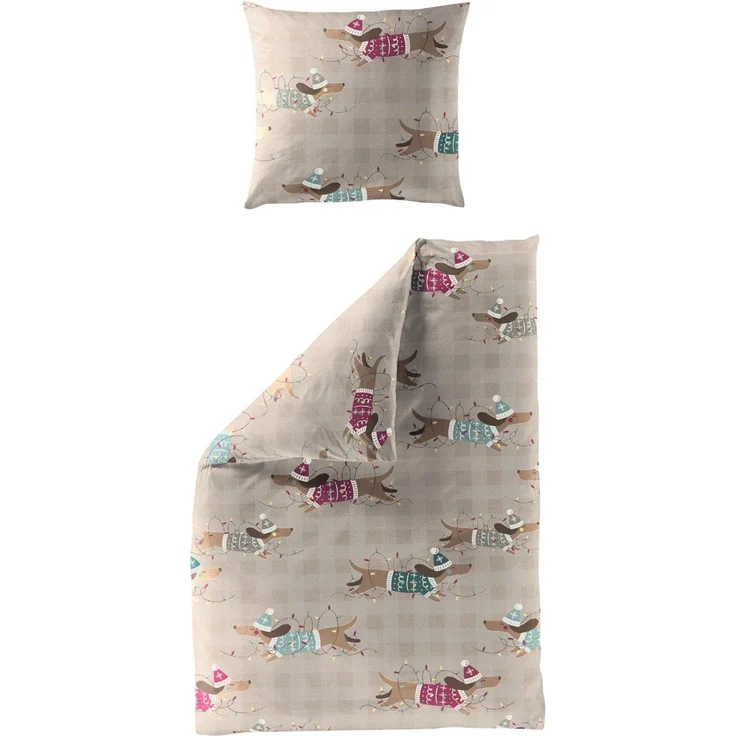 Dormabell Mako-Satin Bettwäsche 155x220 Dackel Hunde Mützen Karo beige kitt 4211-80 – Bild 2
