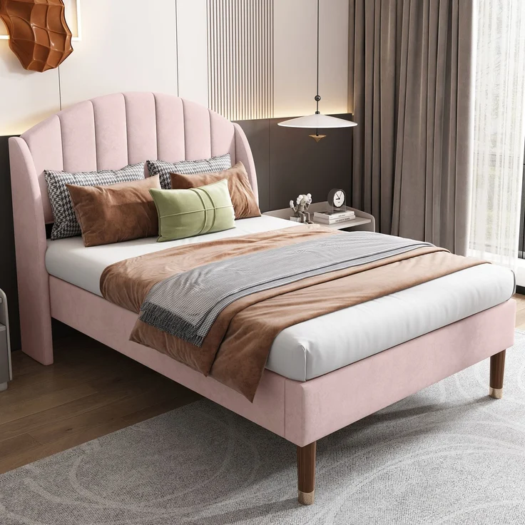 EINHOM Polsterbett 90 x 200 cm mit Lattenrost und Kopfteil, Jugendbett, Einzelbett, Holzlattenunterstützung, Einfache Montage, Samt, Rosa, (Ohne Matratze) – Bild 5