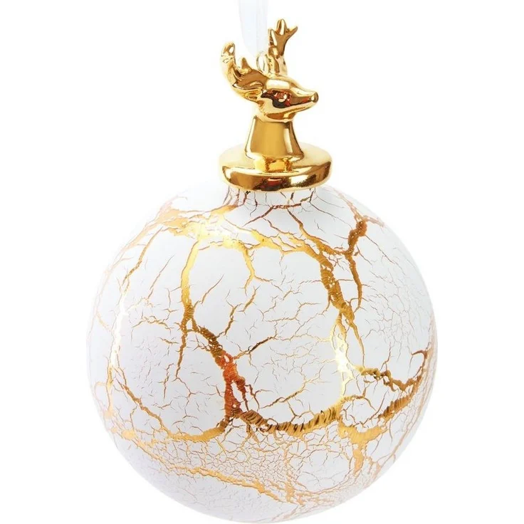 BRUBAKER Weihnachtsbaumkugel Premium Weihnachtskugel Hirsch auf Marmor Kugel Weiß Gold (1 St), 10 cm Baumkugel mit Hirschkopf Figur - Glas Dekoration in Marmor-Optik – Bild 1