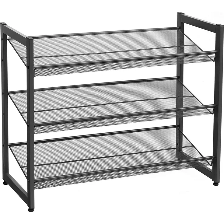 3 Ebenen Metall-Regal, stapelbares Lagerregal, Meshregal, Schuhregal, Verstellbare Ablage flach oder abgewinkelt Regalböden für Flur, Eingangsbereich, 74 x 62.8 x 31cm, Schwarz LMR03B