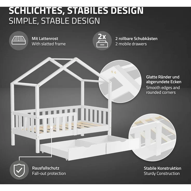 ML-DESIGN Spielbett Hausbett Kinderbett inkl. 2 Schubladen, Lattenrost und Rausfallschutz, Abenteuerbett 70x140cm mit Matratze Himmelbett Kiefer Jugendbett Weiß – Bild 5