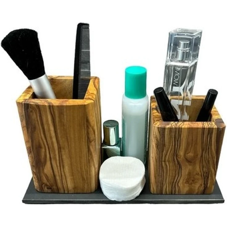 Olivenholz-erleben Badorganizer Beauty Box DUO aus Olivenholz mit schwarzer Grundplatte (1 St), praktische Aufbewahrung für Badutensilien wie Make-up Artikel – Bild 4