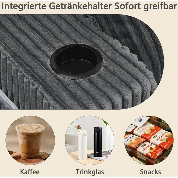 Celya Sofa 2-Sitzer Relax-Schlafsofa, Lounge-Sessel, weich Kordstoff, mit seitlicher Magazintasche, Getränkehalter und Kissen, für Wohnzimmer, Spielzimmer, Arbeitszimmer, Gästezimmer und Wohnung – Bild 3
