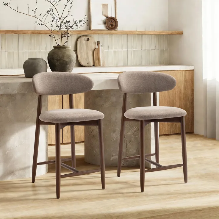 COLAMY Barhocker 2er Set, Tresenhöhe, Küchenhocker mit Rückenlehne, gepolstert im Mid-Century-Modern-Stil, mit Holzbeinen für Kücheninsel und Esszimmer, Kamel