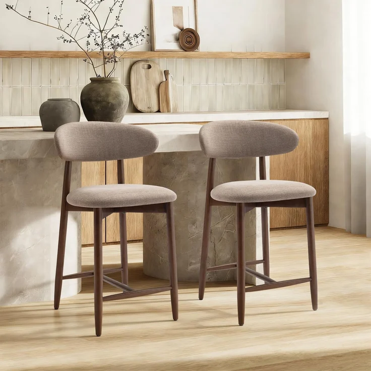 COLAMY Barhocker 2er Set, Tresenhöhe, Küchenhocker mit Rückenlehne, gepolstert im Mid-Century-Modern-Stil, mit Holzbeinen für Kücheninsel und Esszimmer, Kamel