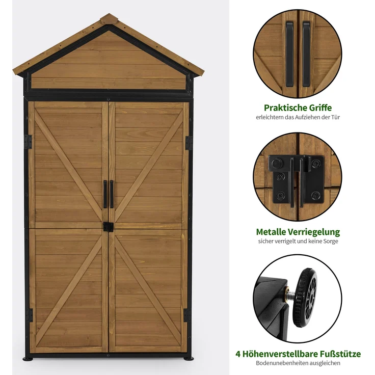 M MCombo Gartenschrank Gartenhaus Holz Metgallgestell Wetterfest, Gerätehaus Outdoor, für Außenbereich Garten Terrasse, Geräteschuppen mit 2 Bewegliche Regale, 2736 (Natur) – Bild 6