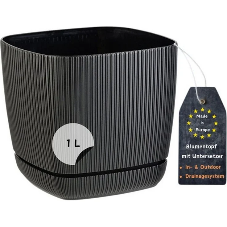 Engelland Blumentopf Pflanztopf mit Drainagesystem & Untersetzer (12x12 cm, 1 Liter, 1 St, robuster PP-Kunststoff), eckig, Rillenoptik, UV-resistent, direkte Bepflanzung – Bild 1